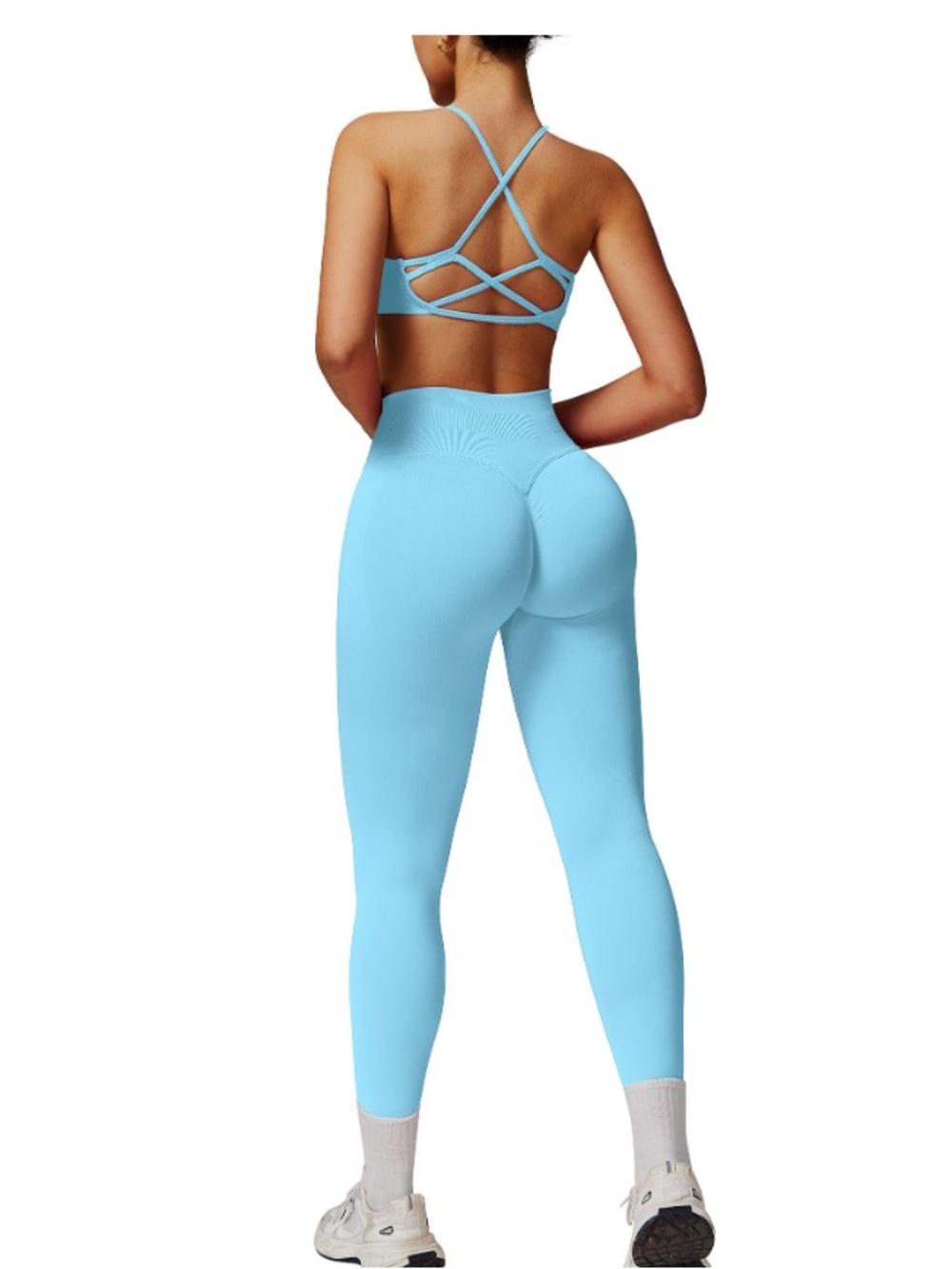 Sky Blue butt lift 2 pc Gym Set crisscross Bra & tummy control Leggings Sz M NWT